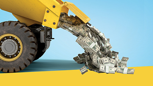 Yellow dump truck dumping money on a light blue background
