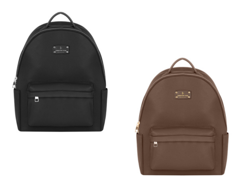 black and brown London Fog backpacks on a white background