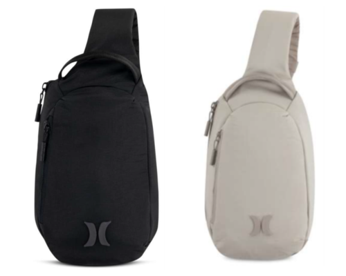 black and cream hurley sling bags on a white background