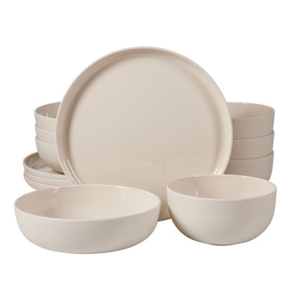 12 pc dish set in taupe on white background