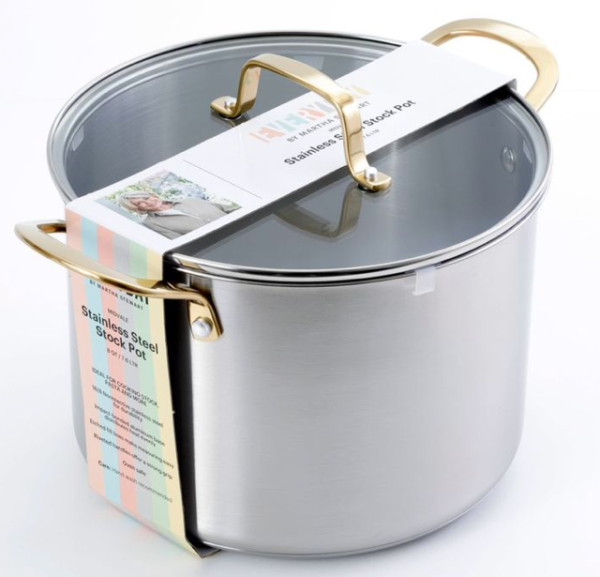 An 8qt stainless steel pot with gold handles