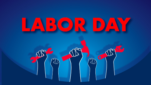 labor day in red font on blue background