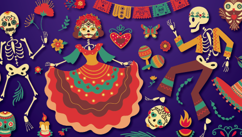 Colorful skeletons on a purple background