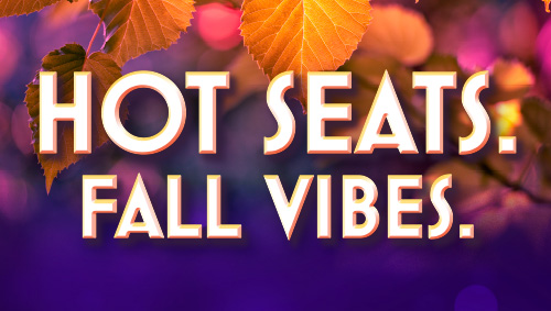 Hot Seats Fall Vibes with fall leaves and a Purple Background