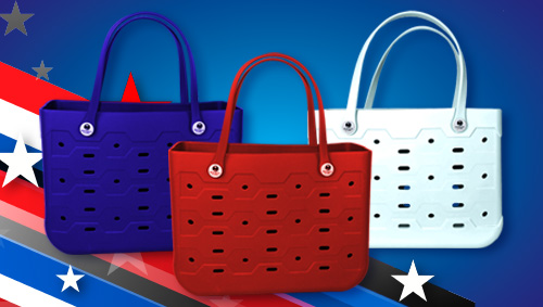 red, white and blue totes on a patriotic background